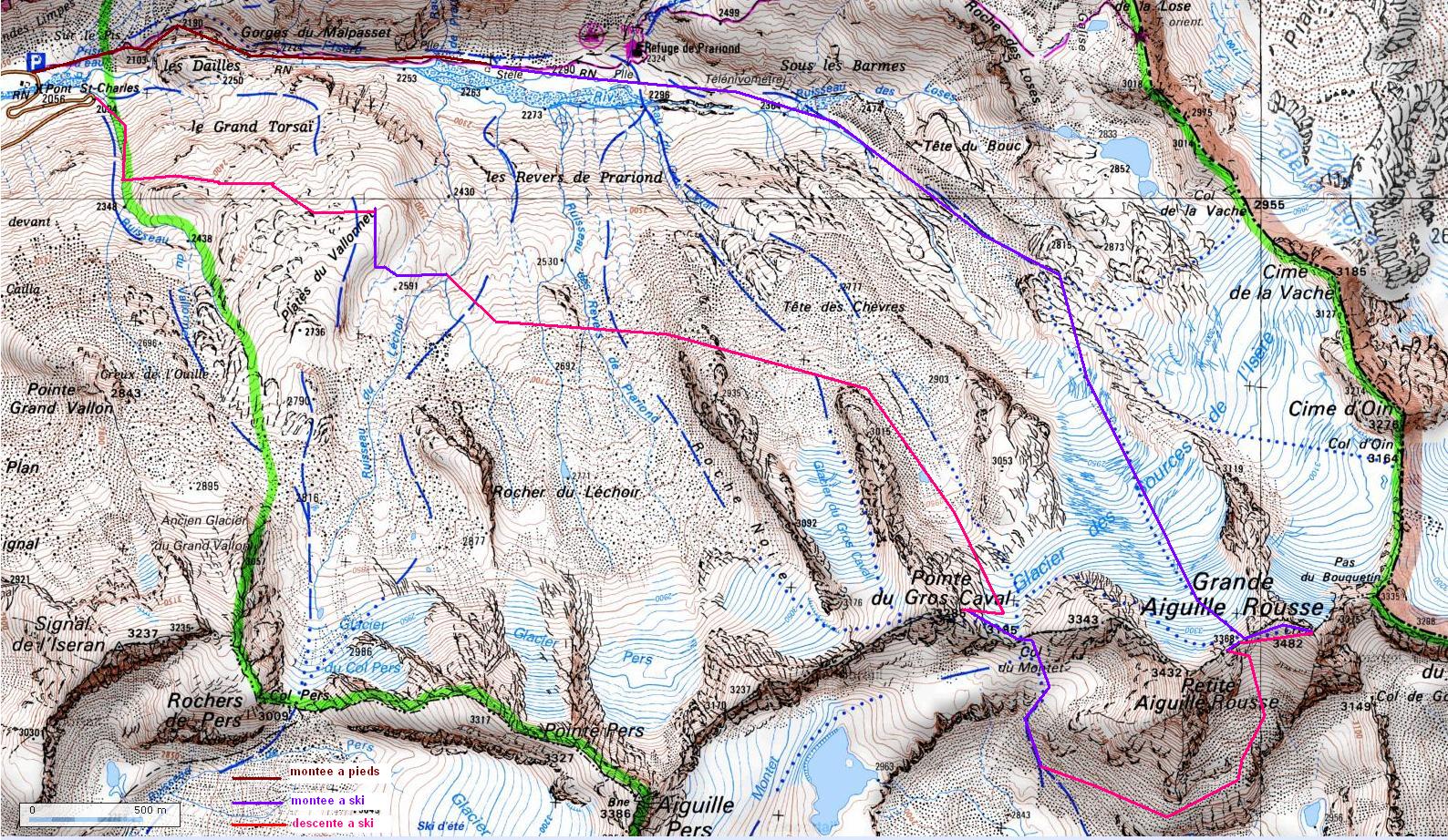 GrandeRousse-20110507-00-carte+trace.jpg - La trace approximative que nous avons suivie (en distinguant montee, descente a pieds et a ski)