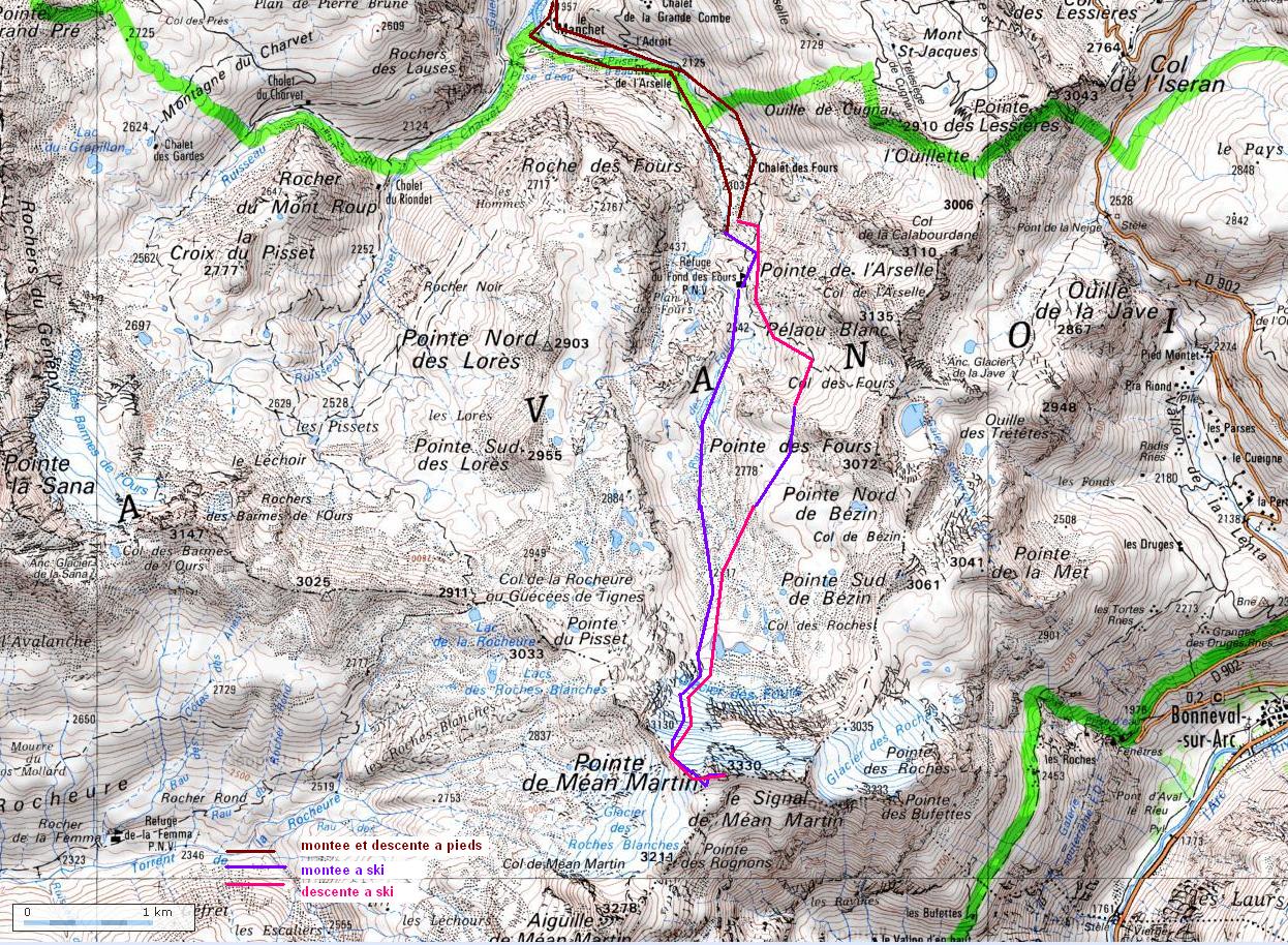 MeanMartin-20110508-00-carte+trace.jpg - La trace approximative que nous avons suivie (en distinguant montee, descente a pieds et a ski)
