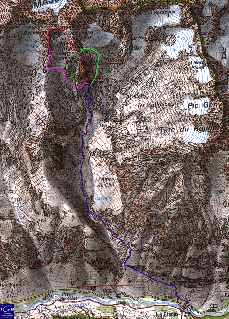 Aln19890soreiller+logo-red-copy.jpg - Les traces bleu et rose sont du GPS, les autres du dessin   1ere boucle : marche d'approche (rose), aretes (rouge), Dibona (rose), descente (vert fonce)   2me boucle : boucle verte en montant par la vert clair (voie des nains)