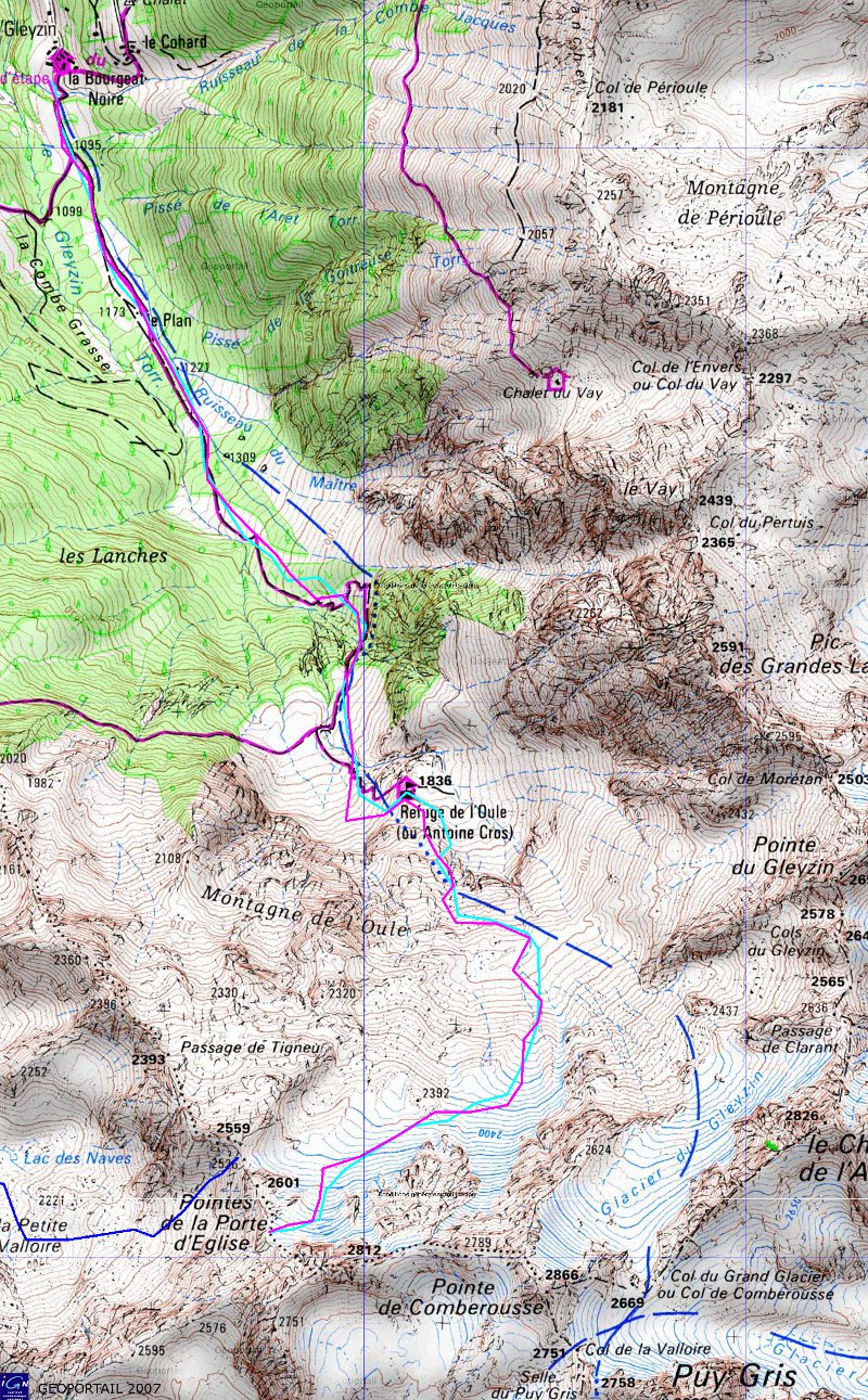 carte+trace+logo-reduit.jpg - La trace de montée en rose, la descente en bleu clair, et en bleu les traces de la cartes et celle de notre montée dans le Vallon de la Petite Valloire il y a une semaine