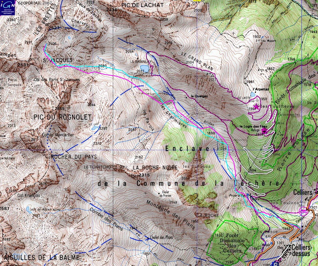 carte-trace-Frettes+logo-red.jpg - La trace : en rouge la montée, et en bleu la descente --- je pensais être bien plus proche de la crête que le GPS l'indique