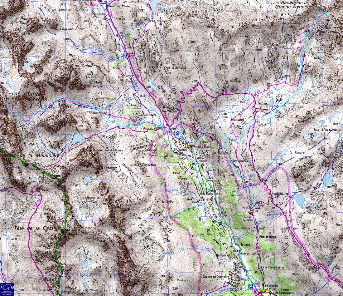 carte-trace-Nevache+logo-red.jpg - Traces des deux courses : les montées en rouge, les descentes en bleu et la traversée de Ricou à Laval en vert