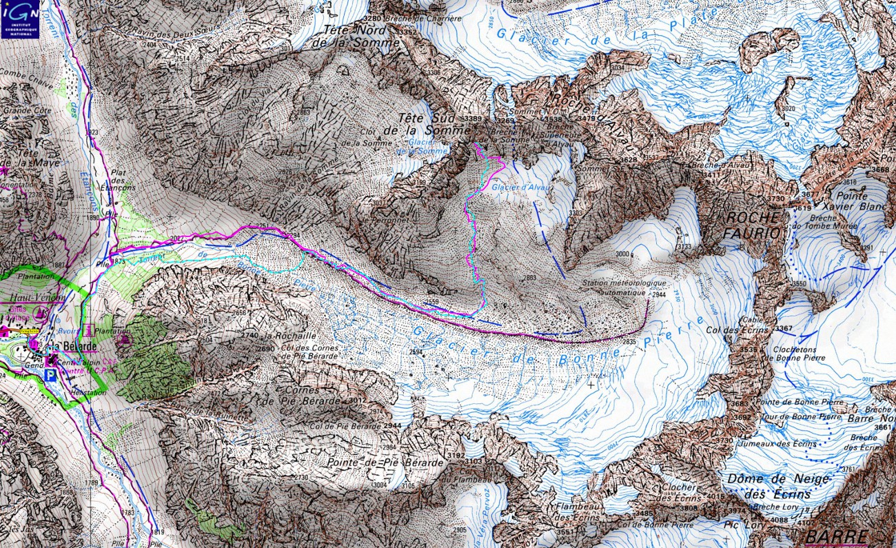 cartes-trace-BrecheSomme+logo-red.jpg - La trace GPS: la montee en rouge et la descente en bleue -- on voit que je me suis arretee 50m sous le sommet