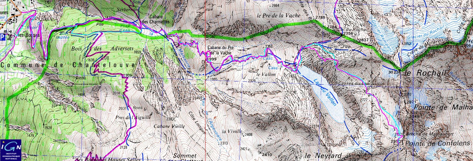 carte+trace-Confolence-red.jpg - la trace : montee en rouge, descente en bleu v: on voit que je me suis trompee de chemin a la descente --- le parking est la ou la trace de descente retrouve celle de la montee