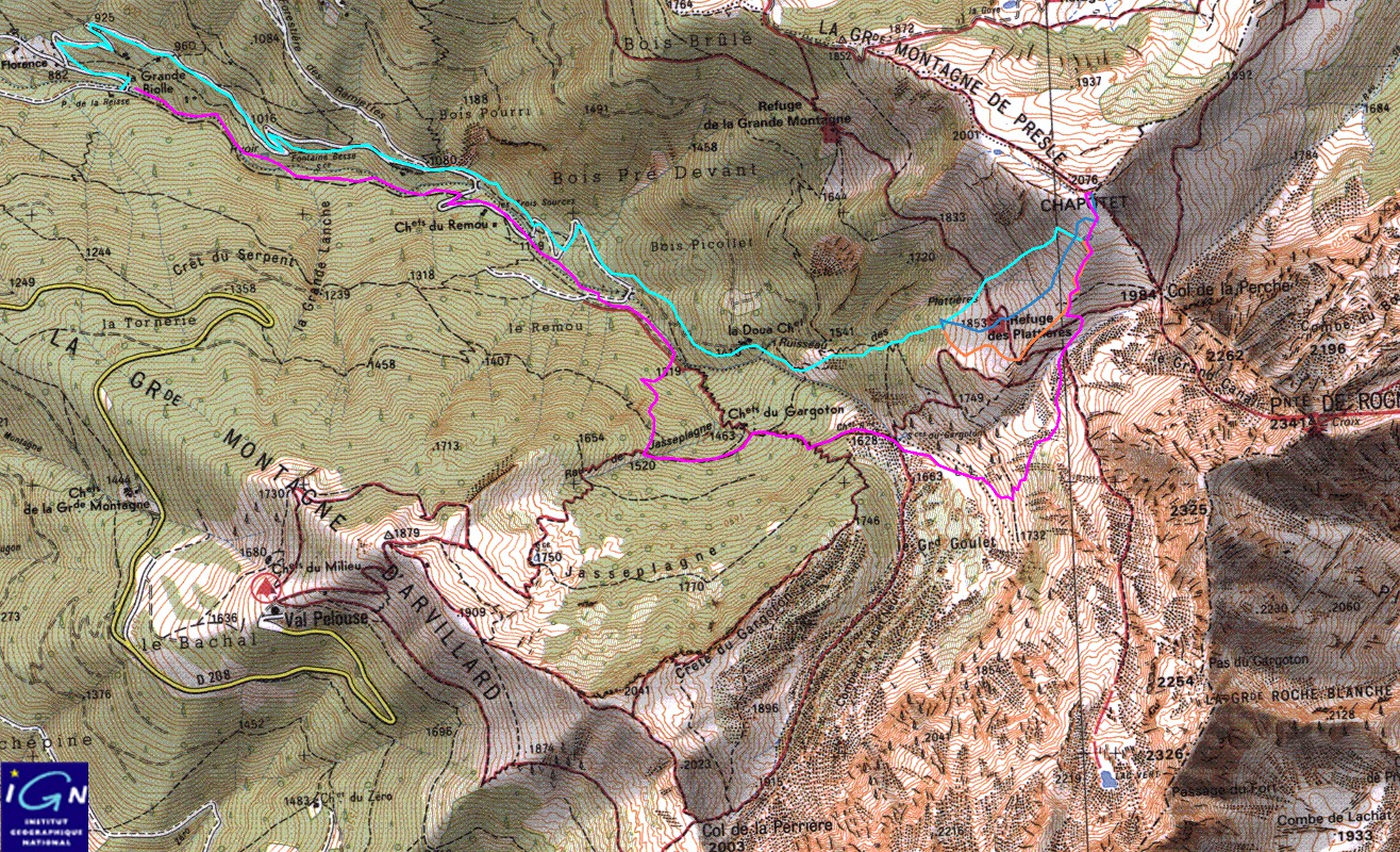 Chapotet-20130-01-000-trace.jpg - la trace : les montees en rose/orange et les descentes en bleu -- on voit pourquoi on s'est fourvoyee, on pensait monter vers la Cab de Gargoton mais on etait encore plus a droite dans les pentes les plus raides