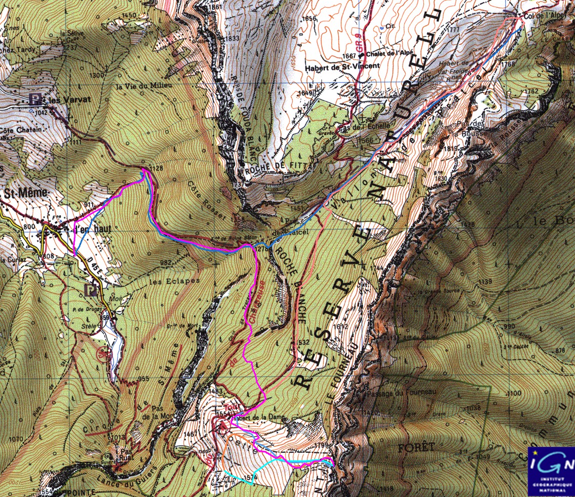 StMeme-130217-000-trace.jpg - c'est un peu complique mais comme d'hab les traces en rouge montent et celles en bleu descendent : donc ALpette des Dames, descente a la cabane et rebelotte, puis  traversee vers le vallon de Pratcel (sorry, en rouge mais c'est plus descendant que montant) puis col de l'Alpe et retour a St Meme