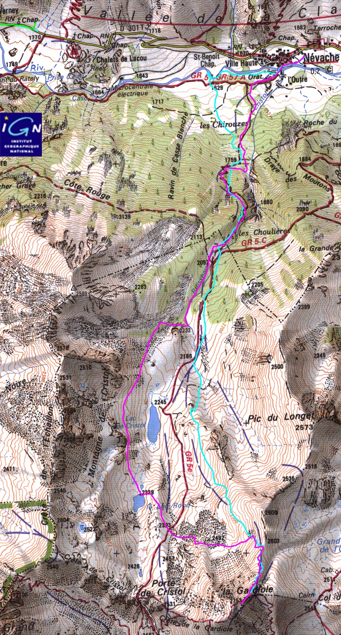 Nevache-20130423-000-trace-Gardiole.jpg - trace de la Gardiole: montee en rouge, descente en bleu