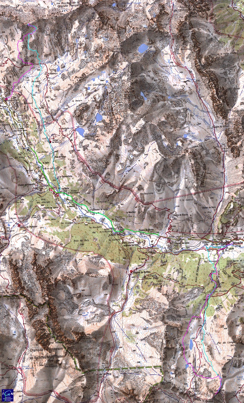 Nevache-20130423-000-trace-all.jpg - toutes les traces des deux jours; en rouge les montees, en bleu les descentes, et en vert la longue montee au refuge