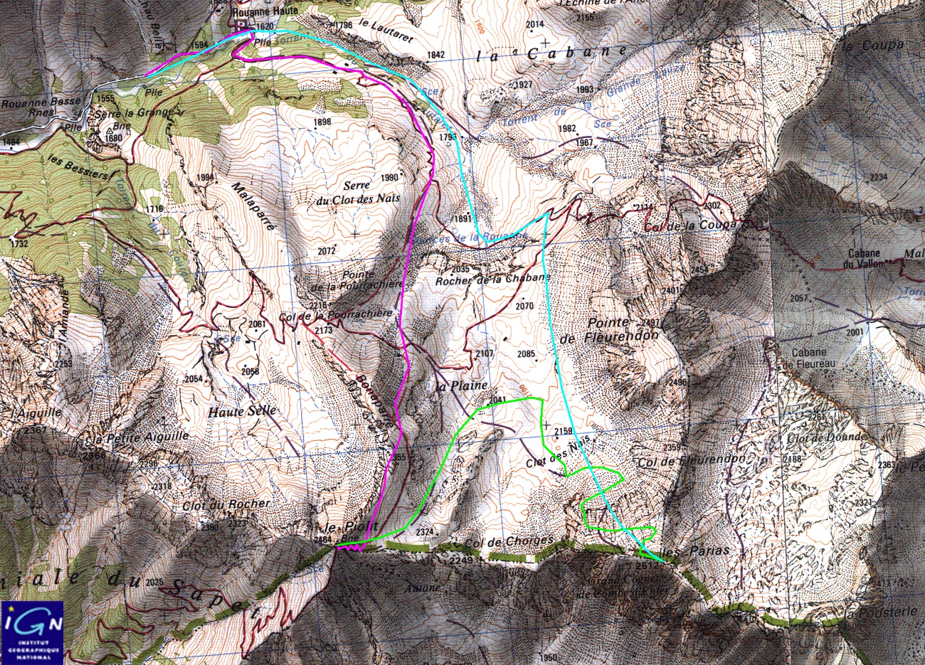 1-Piolit+Paria-20130508-000-trace.jpg - La trace de Philippe (construit après coup je crois) : en rouge la montée au Piolit, en vert la traversée (300m de remontée) vers les Parias puis la descente en bleu