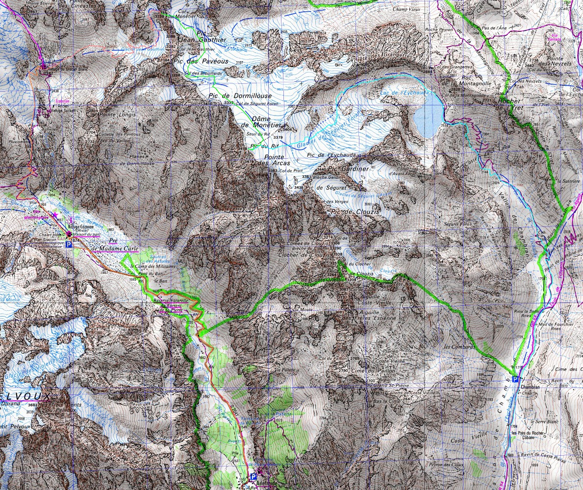 2-FaurioMonetier-20130511-000-trace-Monetier-mieux.jpg - la meme trace sur une autre carte, on voit le depart d'Ailefroide et l'arrivee dans le vallon du Chamberan