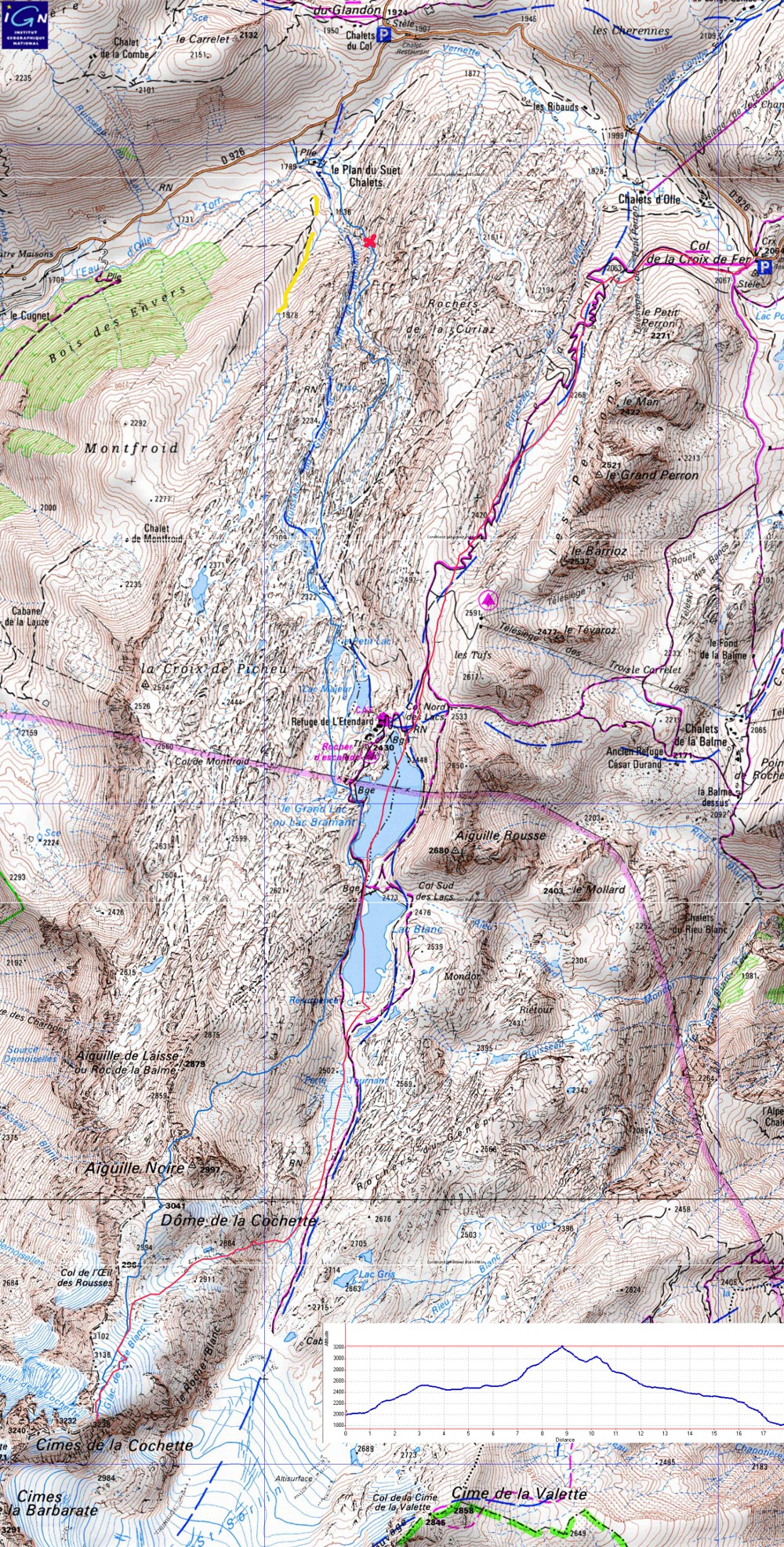 Cochette-2013-06-08-000-trace.jpg - La montée en rouge (celle qui traverse les lacs) et la descente en bleu clair. La croix rouge marque le dechaussage (je pense), en jaune l'alternative avec de la neige jusqu'en bas.