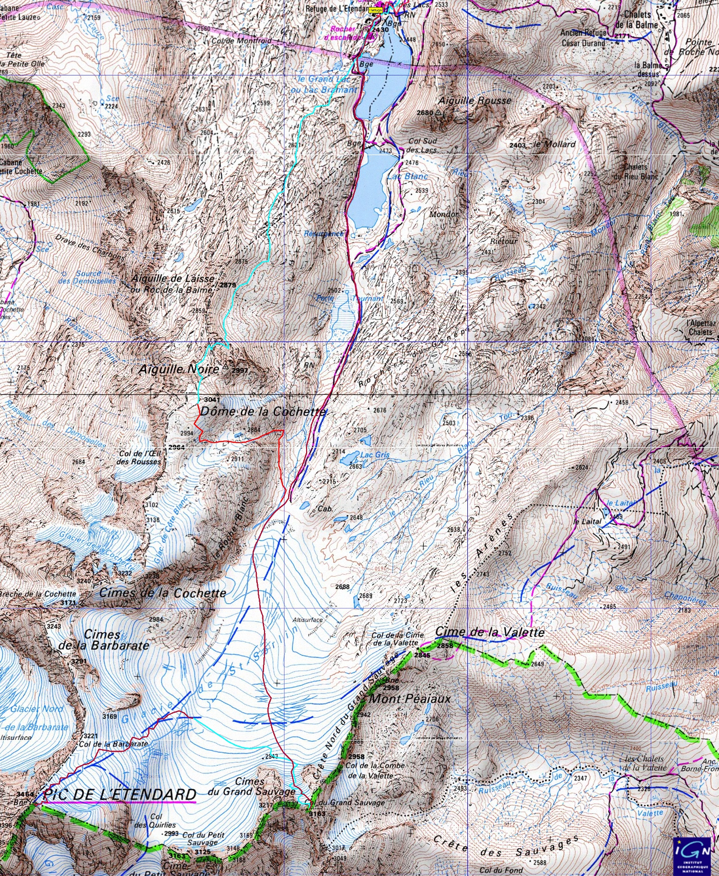 20130706-000-Etendard-trace-a-partir-refuge.jpg - toute la trace a partir du refuge ; comme toujours les montee en rouge les descentes en bleu