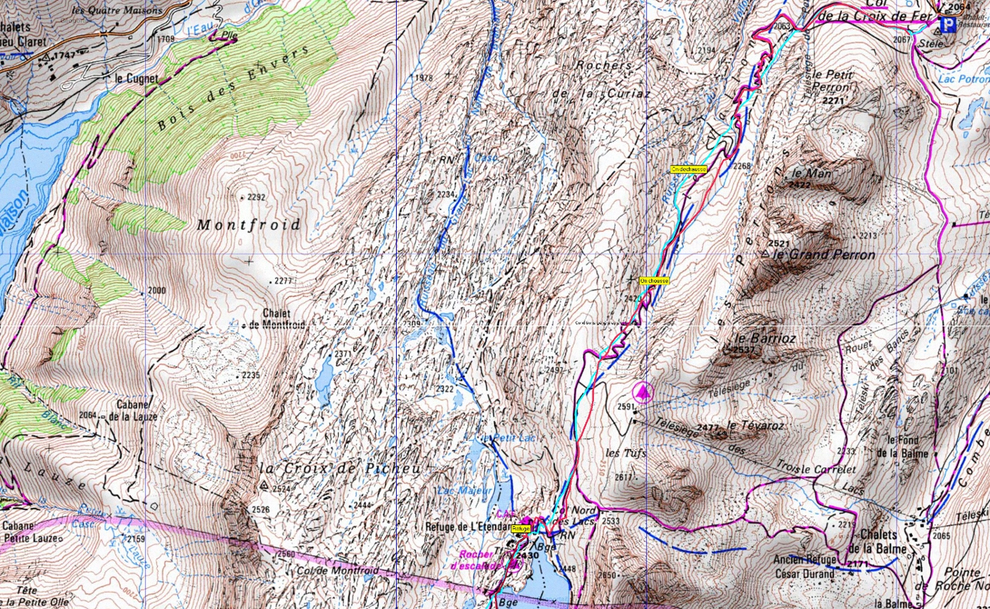 20130706-000-Etendard-trace-parking-au-refuge.jpg - la trace du col au refuge le samedi et la descente le lendemain; on voit ou on a chausse et dechausse