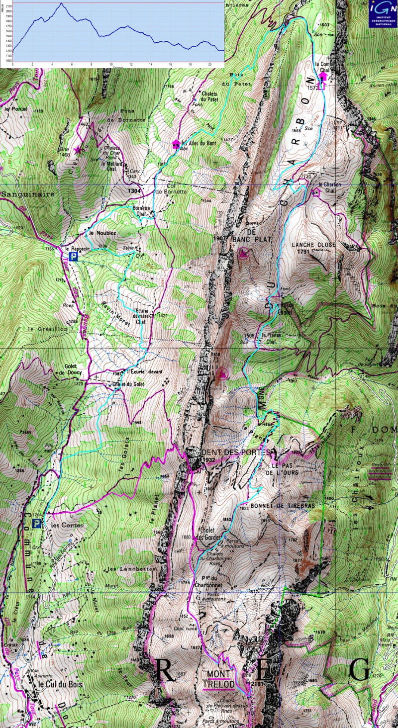 20130914-000-Trelod-carte.jpg - la trace : la montee au sommet en rouge, la descente en montagne russe (voir profile) en bleu clair