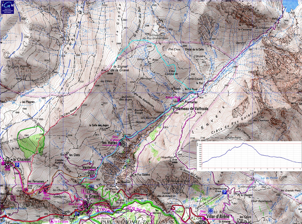 20130921-000-LaGraveBesse-trace.jpg - La trace : la montee par la Crete Rouge en rouge, la descente en bleu, et un petit bout de stop en vert