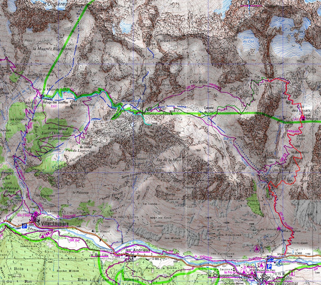 20131019-000-Souffles-trace.jpg - en rouge la montee au refuge, puis au Pas de l'Olan (je pense le GPS dit faux, on est bien montee par le GR), puis en vert la descente dans le vallon du Clot, col des Colombes et la petite bosse au-dessus du col, puis en bleu cian la descente au refuge du Soufle. Aussi en bleu, la trace du lendemain descente a Villar-Loubiere et retour a la Chapelle