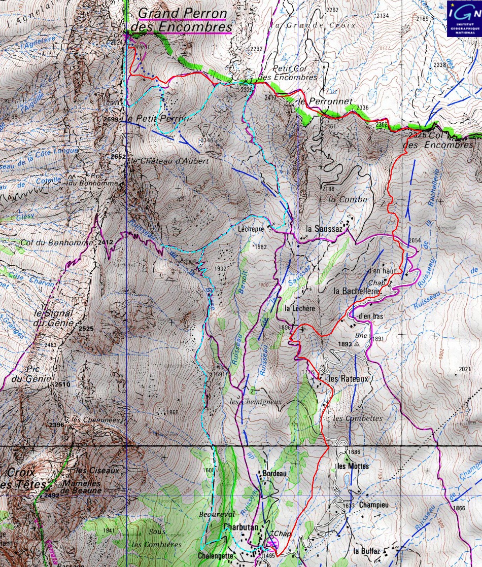 20131026-000-PerronEncombres-trace.jpg - Montee au col des Encombres, Peronnet, Sommet (trace rouge) puis descente par la rive droite, un echec au col du Bonnehomme (trace bleu clair)
