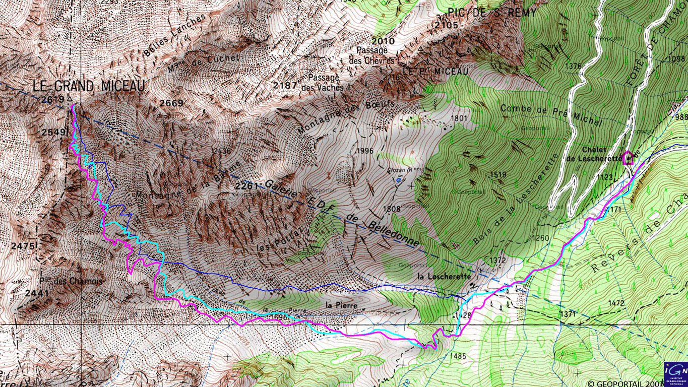 Pierre-trace.jpg - la trace, merci Pierre ! on dirait que la bleu clair est la montee, la rouge la descente; la bleue toute fine doit etre une trace de reference, je ne pense pas qu'on a fait ca