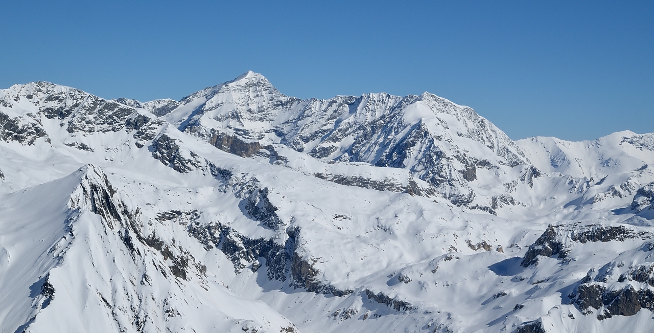 20140307-012-BeccaMotta-etal.jpg - J1 -- Becca Motta et remonter au Plan des Gouilles : vue du sommet sur le Mont Pourri puis a droite la Sache (qu'on reconnait a peine de ce cote la)