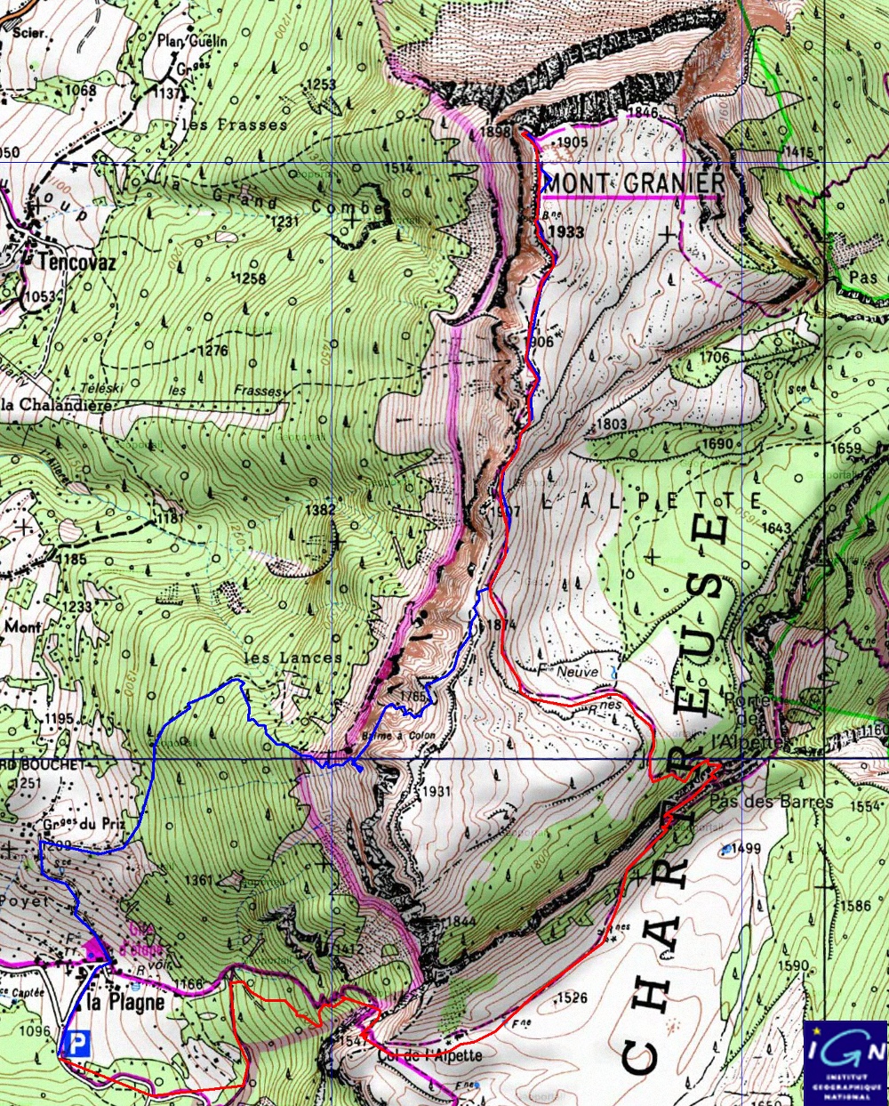 20141129-000-Granier-trace.jpg - la trace : en rouge la montee par l'Alpette et la descente par la grotte en bleu