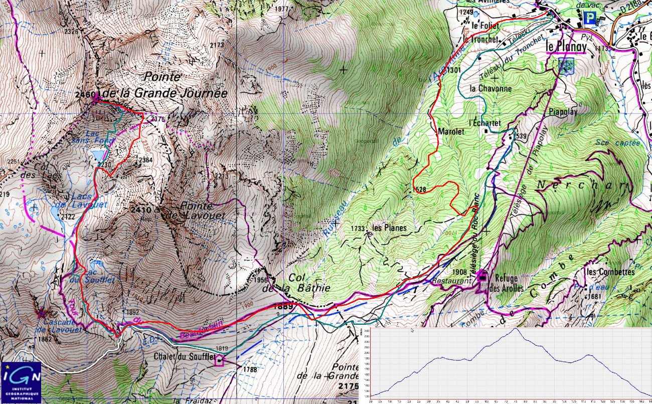 20150110-000-GrandeJournee-trace.jpg - La trace : la montée en rouge, mais la descente cette fois en vert bleu. On voit que c'est longuet (presque 15km A/R), entrecoupé de redescentes et qu'on a bien foiré dans la foret a la monté 