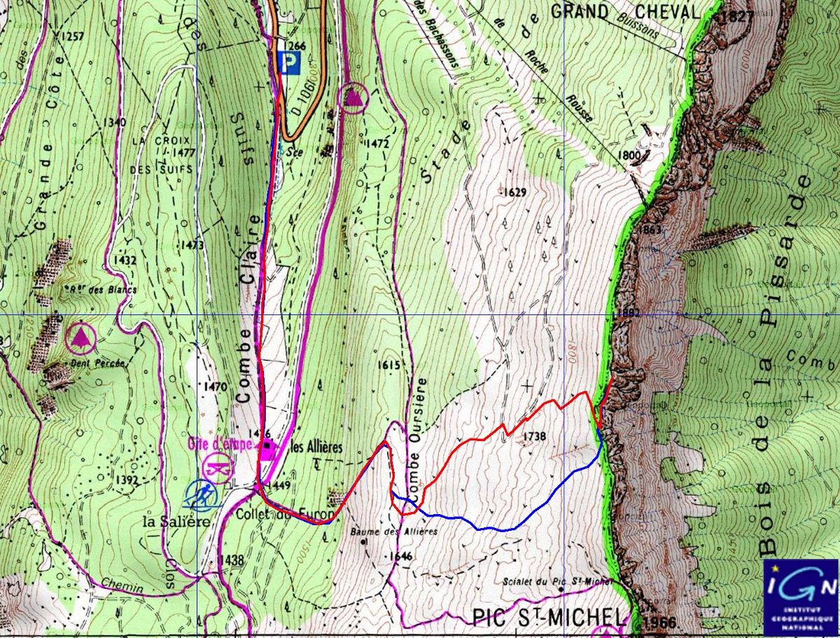 20150118-000-PicStMichel-trace.jpg - La trace (montee en rouge, descente en bleu) qui montre bien qu'on arrive loin du sommet ... on le savait