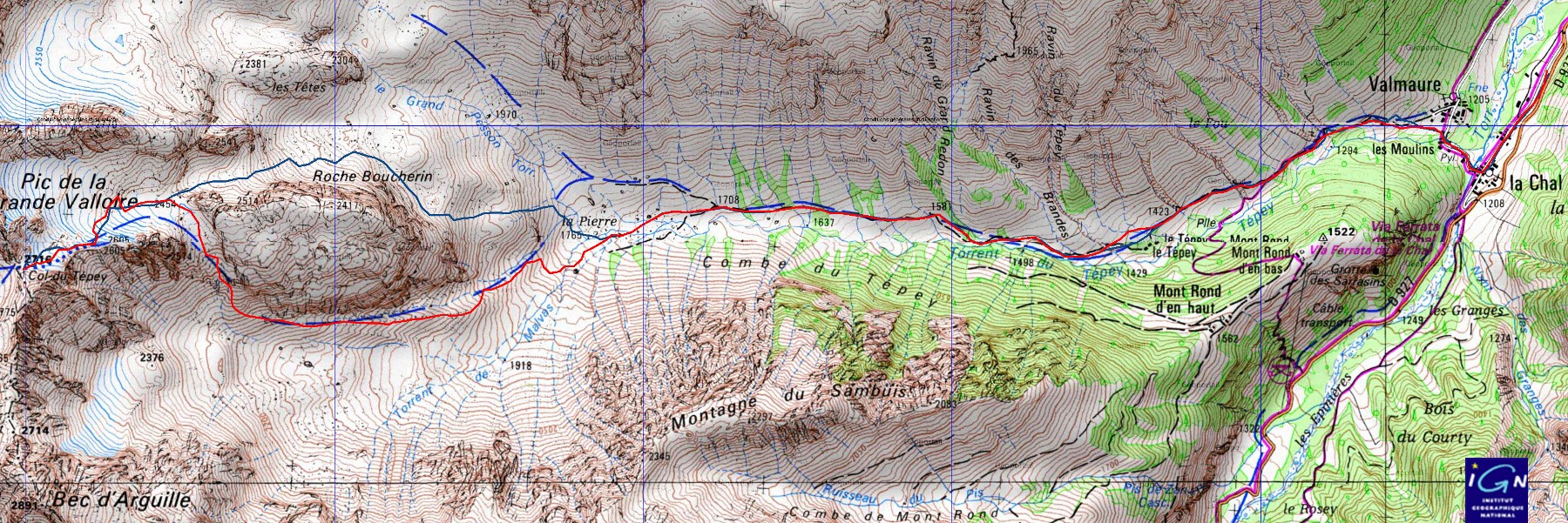 20150207-000-ColTepey-trace.jpg - Voila la trace, la montee en rouge et la descente poudreuse majestueuse en bleu
