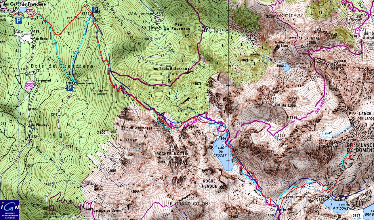 20150228-000-GrandeLance-trace.jpg - La trace, comme d'habitude la montee en rouge et la descente en bleu (le detour par les 4 chemins etait un peu longuet mais fort confortable