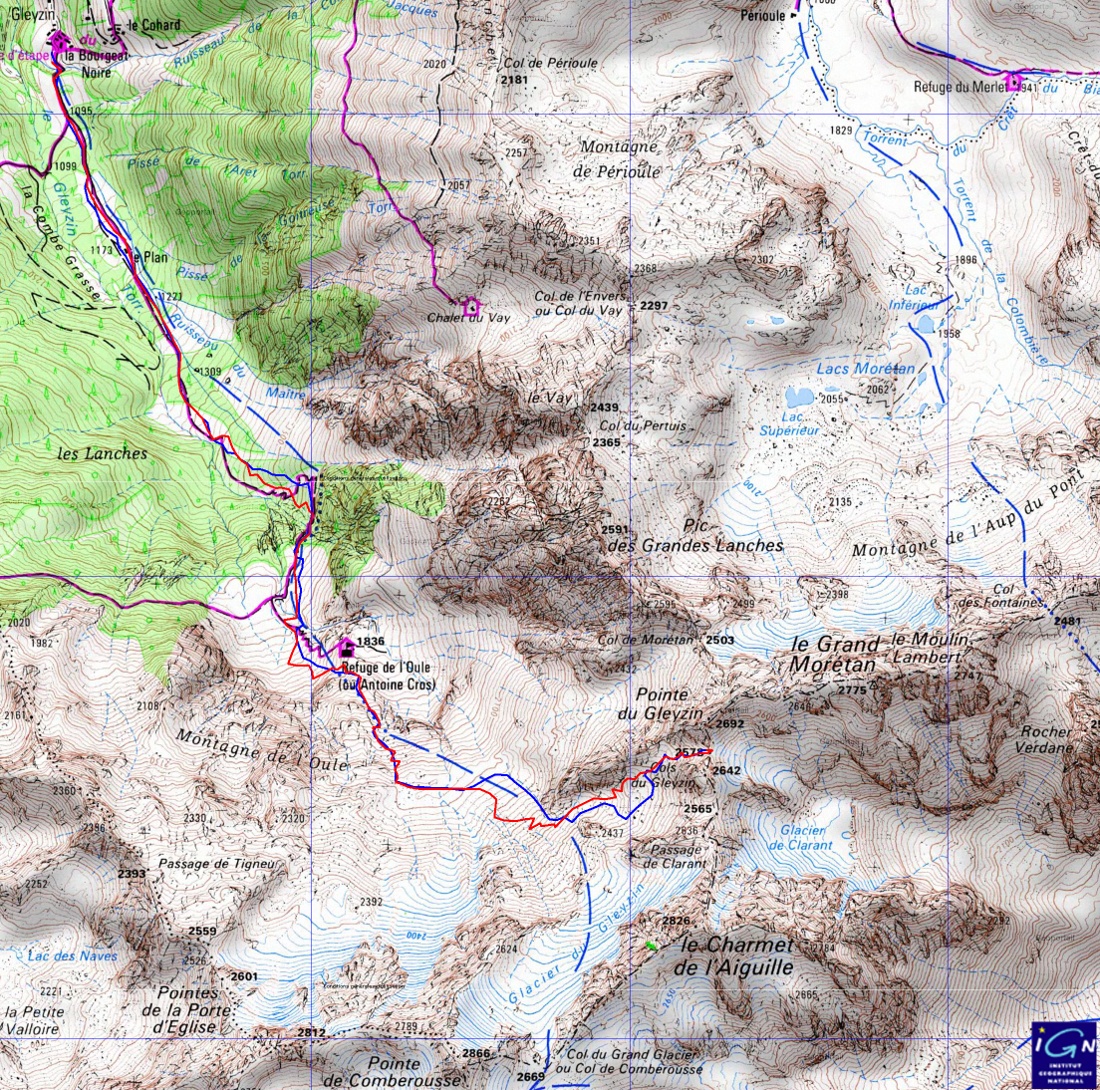 20150228-000-GrandeLance-trace.jpg - La trace --- comme d'habitude en rouge la montee en bleu la descente ; on voit bien qu'on aurait du monter encore un peu sur la trace du Col de la Comberousse pour attraper le passage de Clarin
