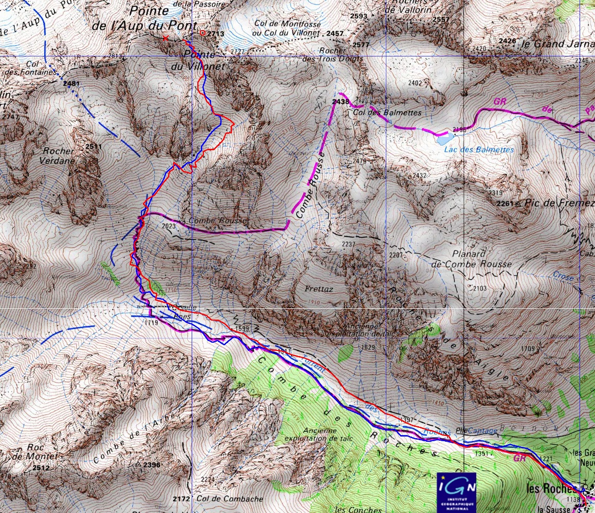 20150314-000-Aup-du-Pont-trace.jpg - la trace dans le style habituel : la montee en rouge, la descente en bleu. la croix en rouge est le vrai sommet a ski (au vent) et le rond le vrai sommet, une bonne 50aine de m plus haut
