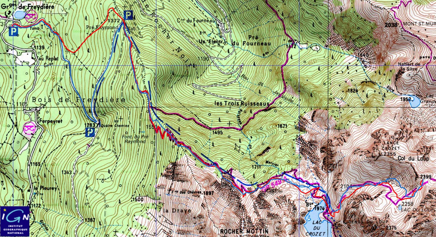 carte-trace-ColduLoup-sel.jpg - Voila la trace (le GPS a marche): a la montee (en rouge) on a pris le chemin, et a la descente (en bleu) la route ... et c'etait une bonne idee je crois, on a du dechausser seulement 2 fois