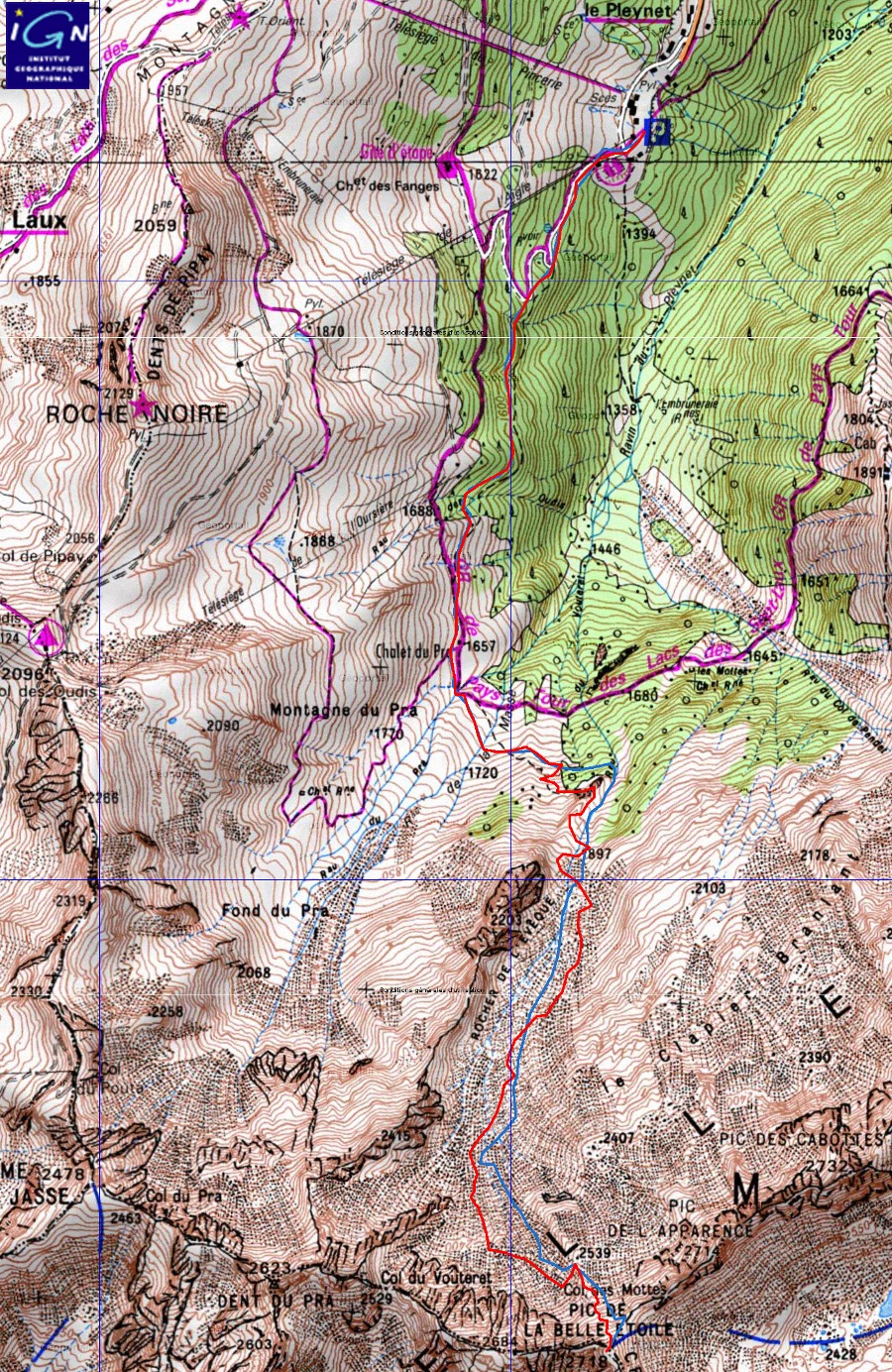 20150406-000-BelleEtoile-trace.jpg - La trace :  la montee en rouge, et la descente en bleu ... la descente est plus en ligne droite, c'etait si bon