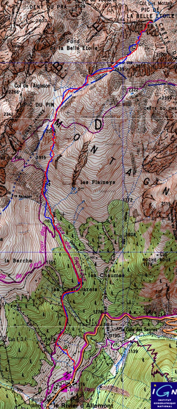 20150411-000-BelleEtoile-trace.jpg - La trace : comme toujours, la montee en rouge, et en bleu la descente ... et j'ai laissee un bout de la trace de lundi qui arrive par le nord