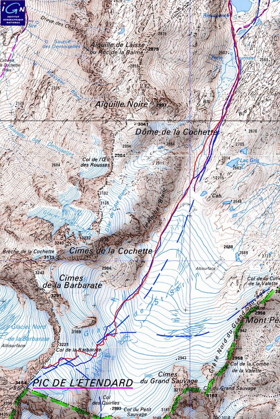 20150514-000-Etendard-trace-2-haut.jpg - La 2me partie de la trace a partir du 2me lac ; la montee en rouge et la descente en bleu