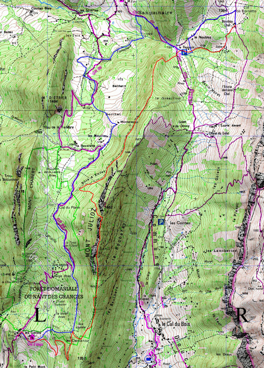 20150827-000-MontJulioz-trace.jpg - La trace : comme toujours la montee en rouge. On a voulu traverser l'arete, mais ou on n'a pas trouve ou ca ne passe pas , en tout cas la descente  de l'arete est merdique au possible