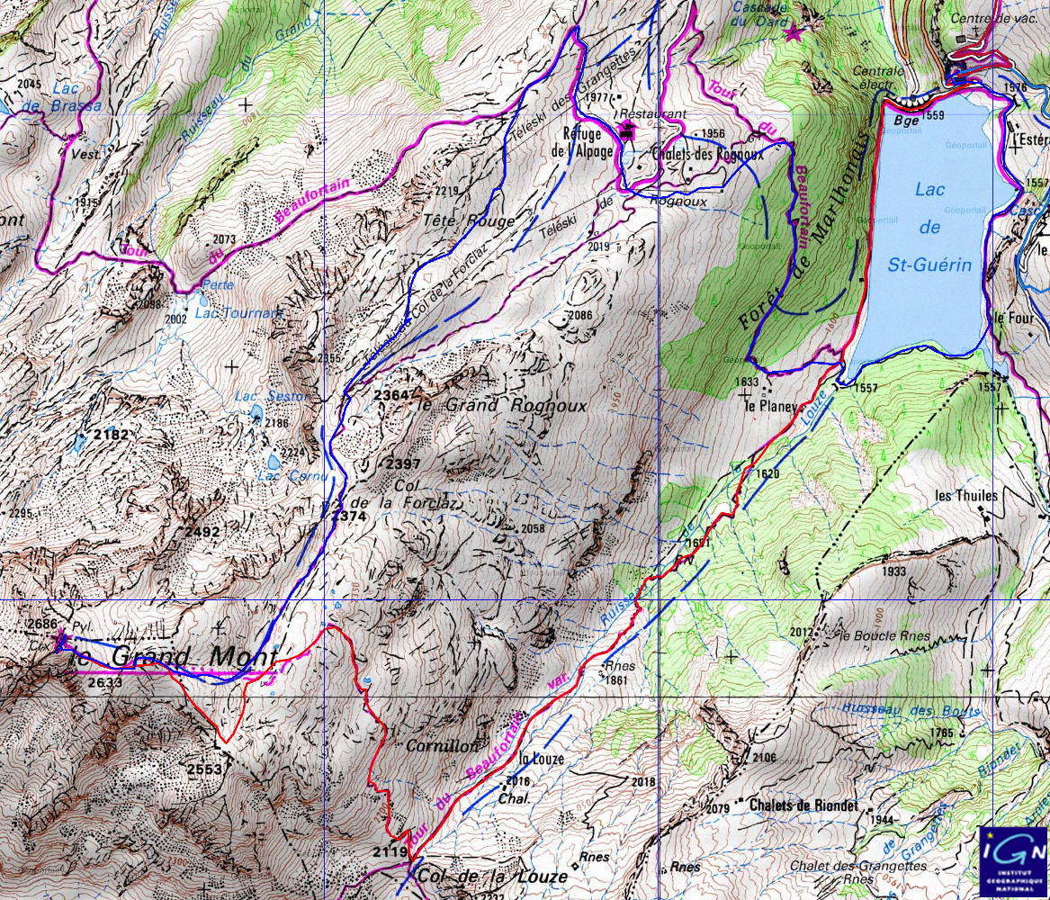 20151010-000-GrandMontAreche-trace.jpg - la trace du premier jour : comme toujours, la montee par le Col de la Louze en rouge, la descente par la "voie normale" en bleu