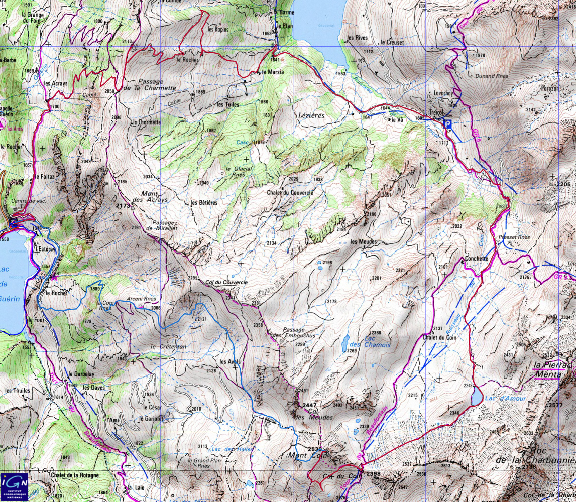 20151011-000-MontCoin-trace.jpg - la trace :la trace du matin jusqu'au Mont Coin en rouge, puis la descente en bleu. Des couleurs un peu differentes pour les distinguer de celles de la veille.