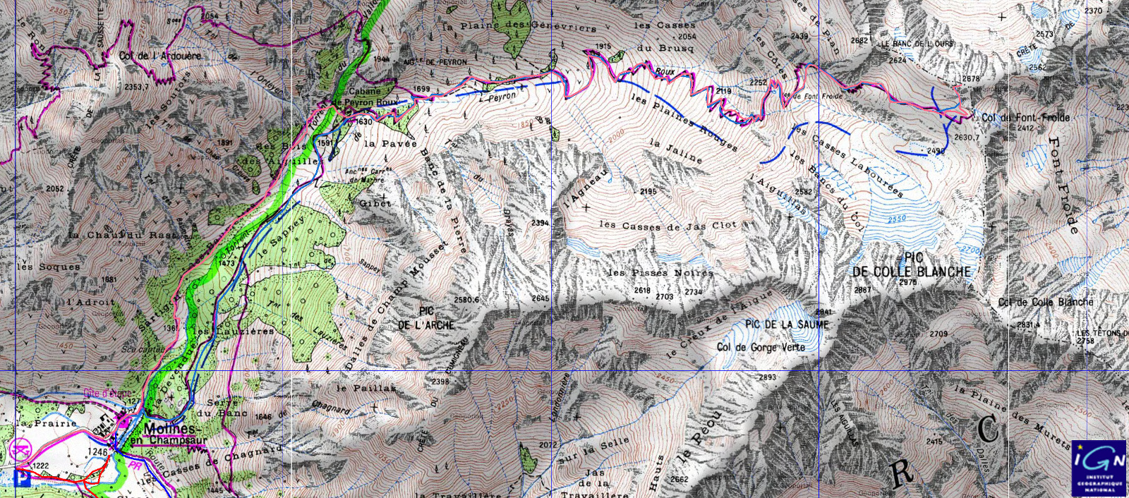 20151101-000-FonteFroide-trace.jpg - La trace du 2me jour : montée en rouge(atre) et descente en bleu(atre) comme d'habitude. A la montée on a trouvé le soleil dans les rochers avant d'atteindre le plateau menant au col, et à la descente on a plongé dans l'ombre au même endroit, puis on l'a retrouvé un peu avant la cabane ou le vallon fait un coude pour s'orienter un peu plus sud 