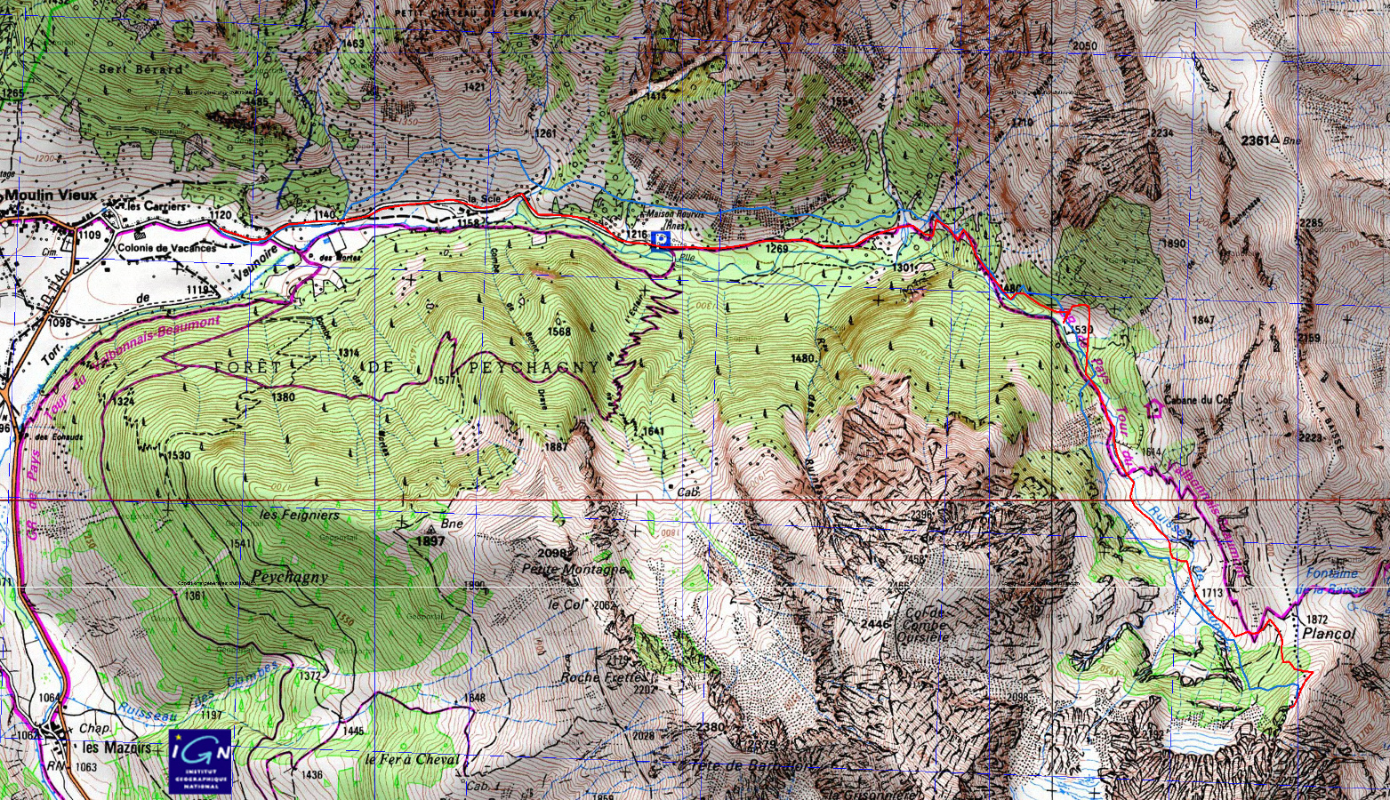 20160220-000-PlanCol-carte.jpg - La trace : cette fois moyennement utile car le GPS doit avoir la fièvre, toutes les excursions dans les pentes raides sont de sa pure imagination, et sauf tout en haut au-dessus du point 1713 -- où elle a l'air correct -- on suit la même trace a la montée età la descente (et la plus logique est la bonne)