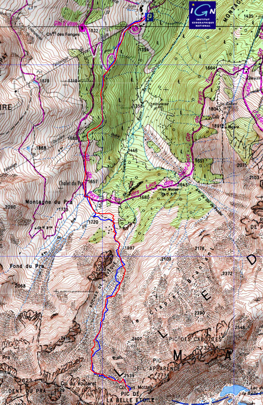 carte-BelleEtoile-sel.jpg - La trace : on s'arrête 100m sous le sommet, pour la suite il aurait presque fallu les crampons ... ou bcp de temps