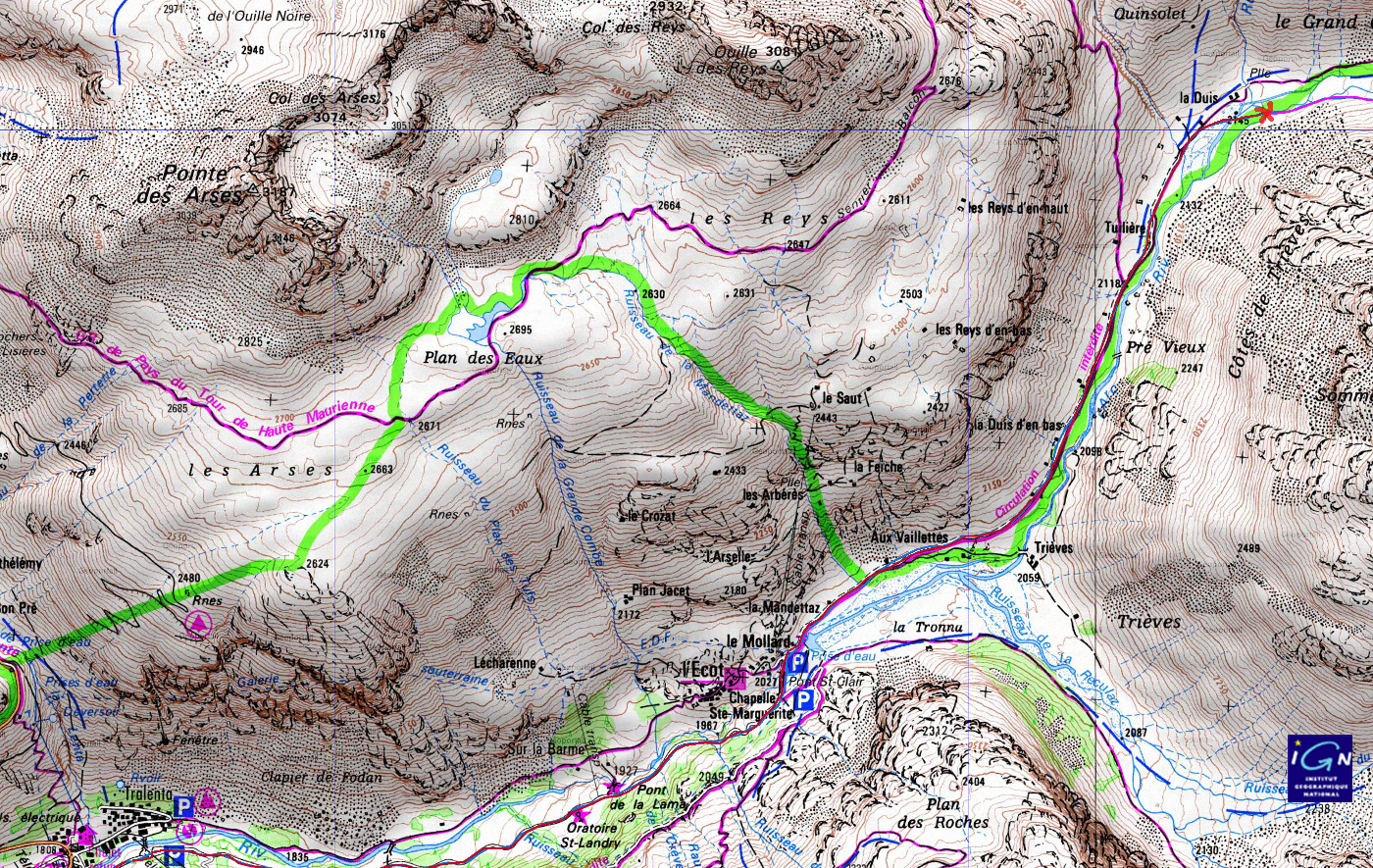 20160319-000-ColGirard-trace-j1.jpg - Trace de la montée au camp vers la Duis (la petite croix rouge) .... d'abord sur la route bien enneigée de Bonneval à l'Ecot ... la dernière fois on est monté en voiture (voir http://picchio.free.fr/Album-Montagne/2015-05-10-PteCiamarella)