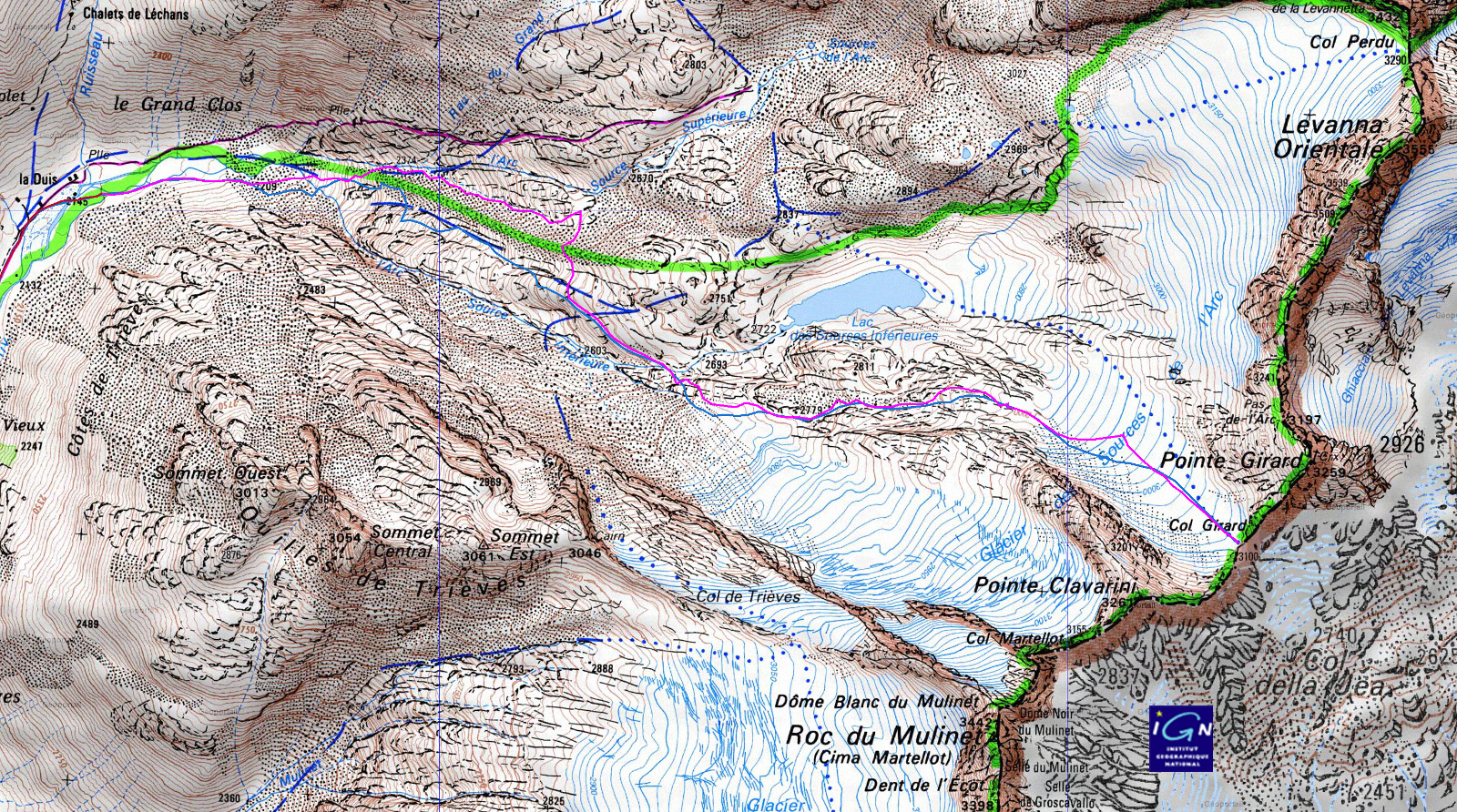 20160320-000-ColGirard-trace-j2.jpg - Trace de la montée du camp au col Girard et retour au camp : a la descente en se tenant bien a gauche, à l'abris du soleil, la neige est bonne presque tout le long ... parfois un peu lourde tout de même