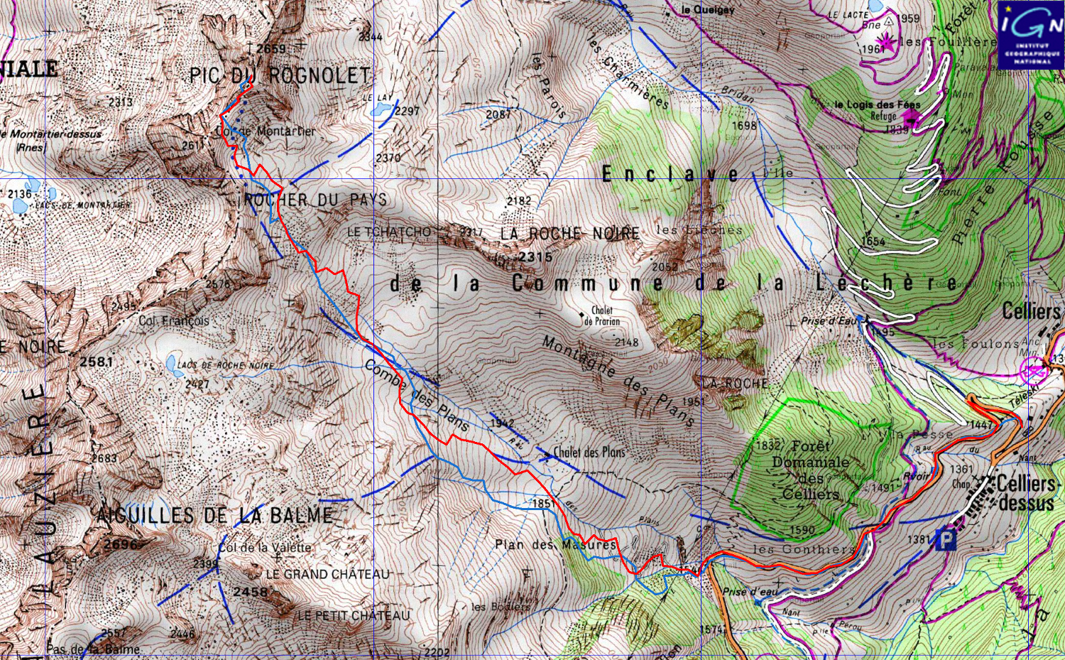 20160410-000-Rognolet-carte-trace.jpg - La trace : toute simple pour une fois, on hesite de basculer dans le vallon des Frettes, mais je crains de trouver la croute ; la, en restant plus nord qu'a la montee on a la belle neige de printemps tout le long ... et le portage sur la route se limite a 100m au plus