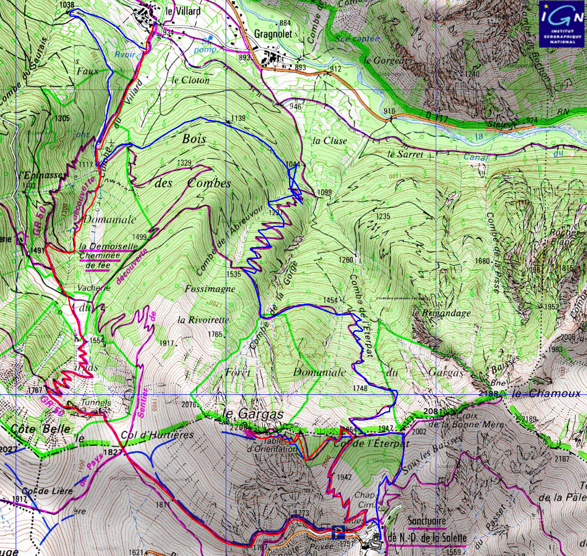 20160703-000-GargasValjoufrey-carte.jpg - La trace : en rouge, la montee au Gargas par le Col d'Hurtieres, en longeant ND de  la Salette et le col d'Eterpat. En bleu la descente en ajoutant un detour par ND de Salette. Dans la descente bien raid, bien nord quelques points erratiques que j'ai vu trop tard (tant pis, je ne refais pas). Cette descente semble peu utilisee, le chemin presque inexistant par endroit, autre explication pour l'incoherence entre la carte et la trace gps