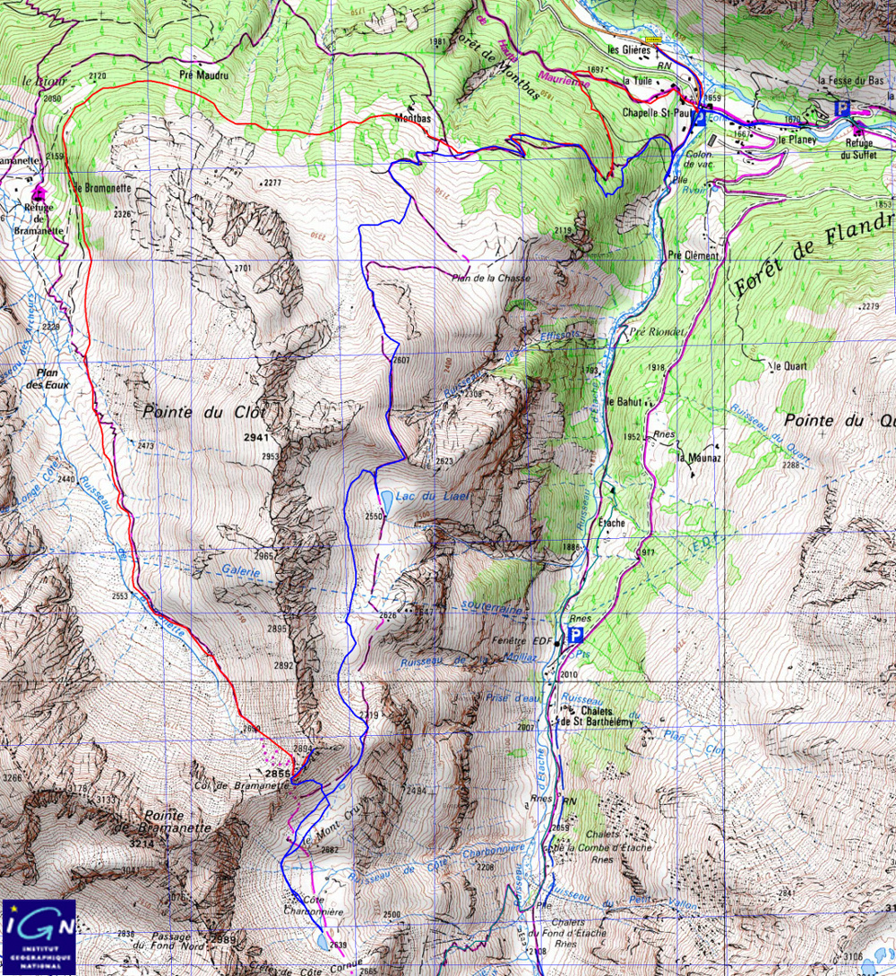 20160827-000-Bramanette-carte.jpg - La montee en rouge, magnifique la foret jusqu'a Montbas et plus loin jusqu'au dessus du refuge de Bramanette, beaucoup de pins cembro. Descente en bleu sur un joli balcon avant de replonger sur Montbas ou on bloucle la boucle