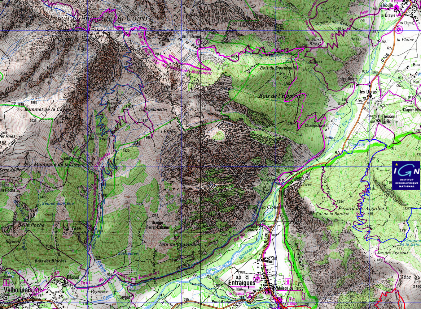 20160911-000-Coiro-trace.jpg - La  trace : en bas de la montée,  il y a  pas mal de différence  entre la trace et la carte. Je ne sais pas qui a plus raison. Il manque encore de lacets dans la trace.  en bas  de la descente, la carte  est fausse :  on traverse le ruisseau seulement tout en bas  comme indiqué par la  trace.
