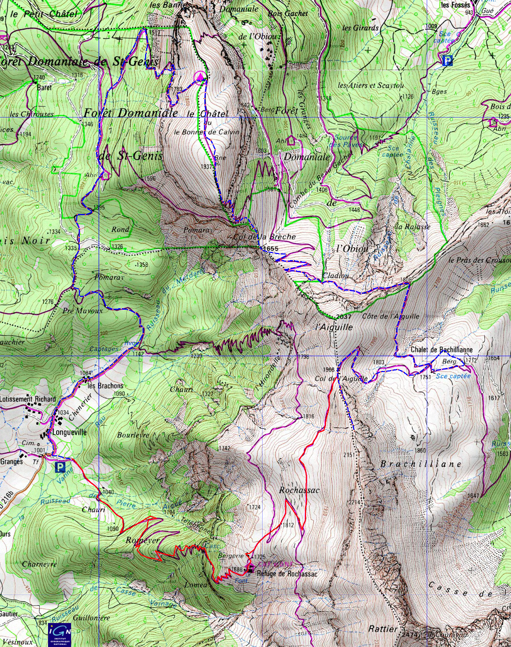 20161002-000-sousObiou-trace.jpg - La trace : comme d'habitude, la montee en rouge jusqu'a un peu au-dessus du Col de l'Aiguille, puis la  descente avec plusieurs remontees -- dont celle au Chatel -- en bleu