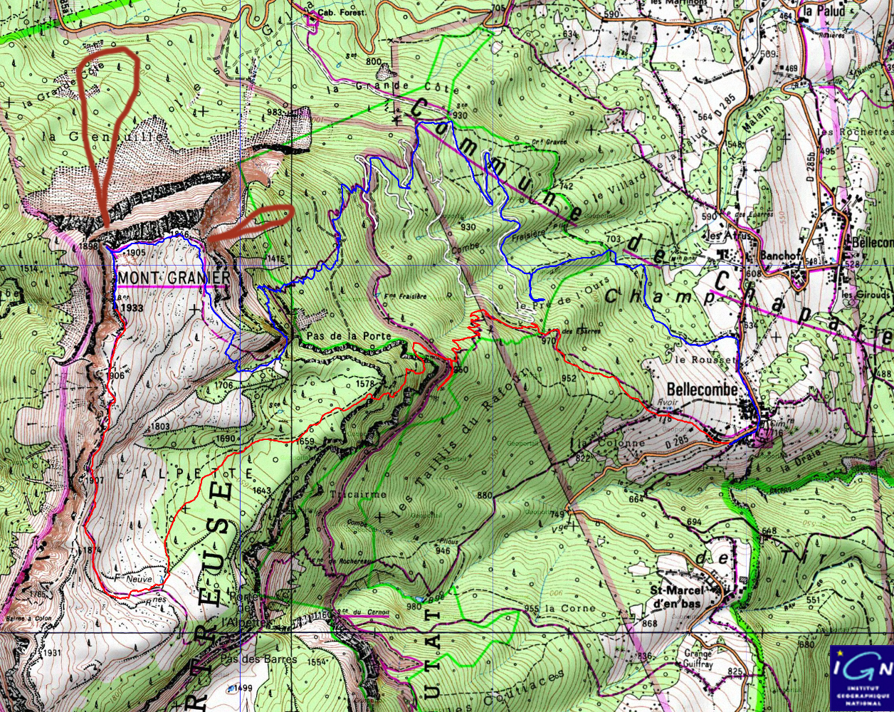 20161016-000-Granier-trace.jpg - La carte avec la trace et les zones d'eboulement : le gros eboulement recent  cote nord est qusi invisible du sommet (plutot de la croix) et le chemin n'y passe pas du tout.  L'eboulement cote est descend jusqu'au au chemin qui est bien encombre sur une totue petite  partie.