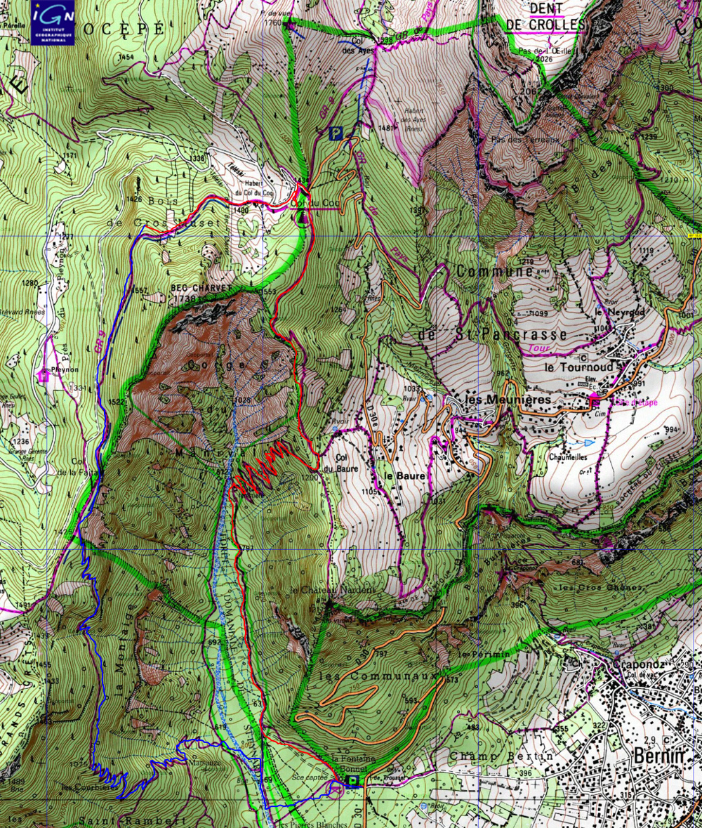 20161029-000-BecCharvet-carte.jpg - La trace : la montee par le col du Baure par un tres bon chemin de forêt en rouge (jusqu'au au point le plus haut) ; la descente par le Col de Faita en bleu (chemin tres bon au debut, mais glissant et raid apres le premier branchement)