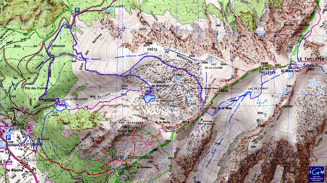 20161101-000-Taillefer-trace.jpg - La trace :  montée (en rouge) par la cabane du perimetre, l'arete Brouffier et le Pt Taillefer; a la descente on passe par la Combe d'Emay,  le Lac Brouffier, la descente "normale"  au parking de la Combe d'Oursiere, puis retour a notre parking en passant par la  foret